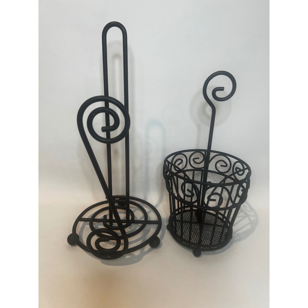 Countertop Paper Towel Holder & Utensil Caddy Black Metal Scrollwork Kitchen Set